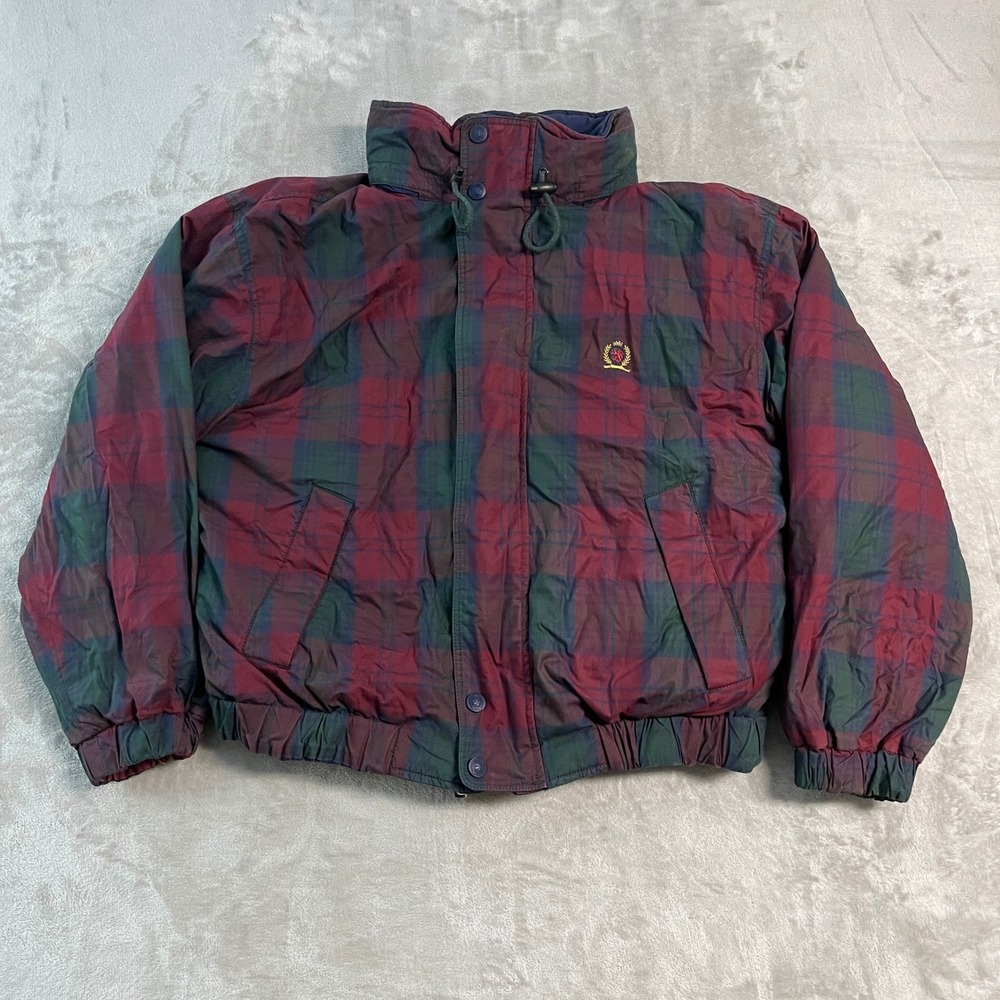 Vintage 90s Tommy Hilfiger Reversible Down Puffer Jacket Plaid Colorblock XL